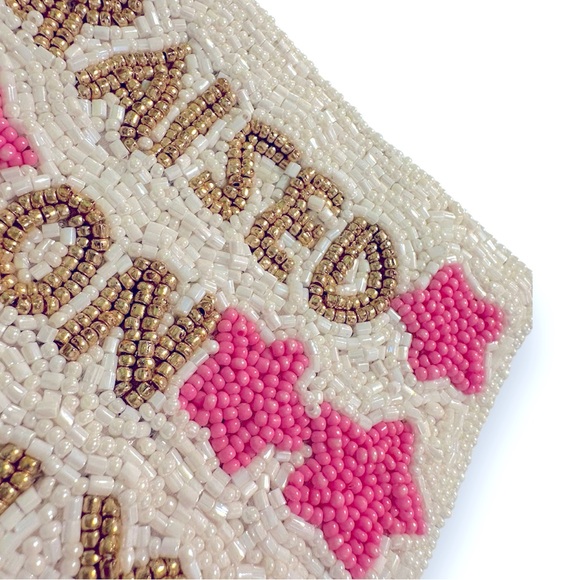 Camel Threads Raised On Dolly Beaded Coin Purse Small Pouch White Gold Pink Star - Picture 3 of 9